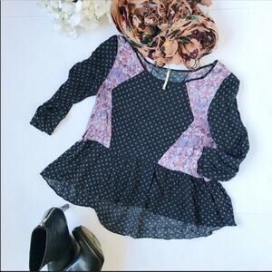 Free People Dandelion Black Pink Paisley 3/4 Sleeve Peplum Top Women's Size XS